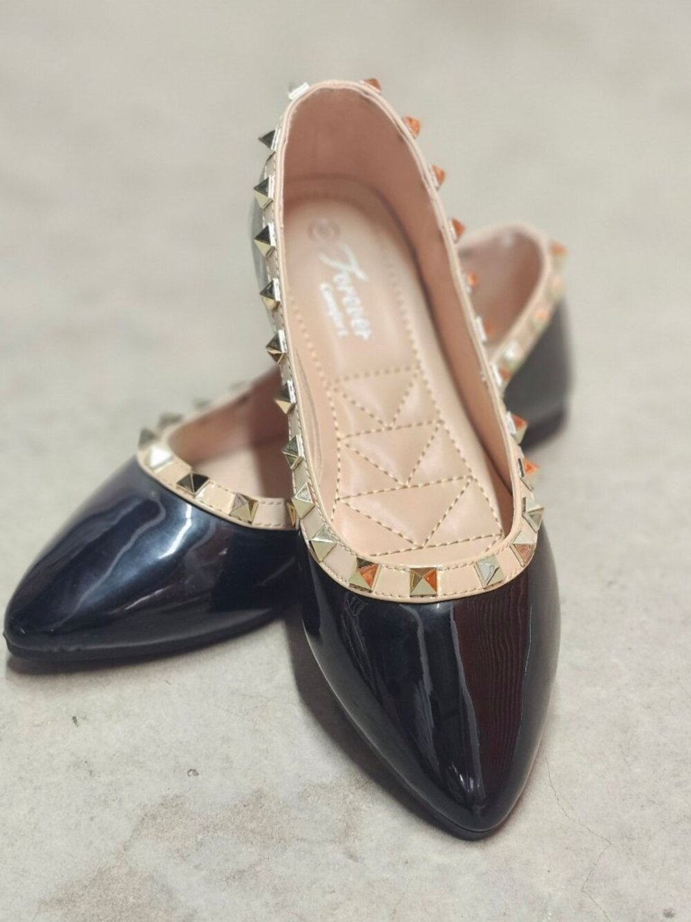 Black Patent Pointed Toe Flats With Gold Studded Trim - Picture 9 of 10